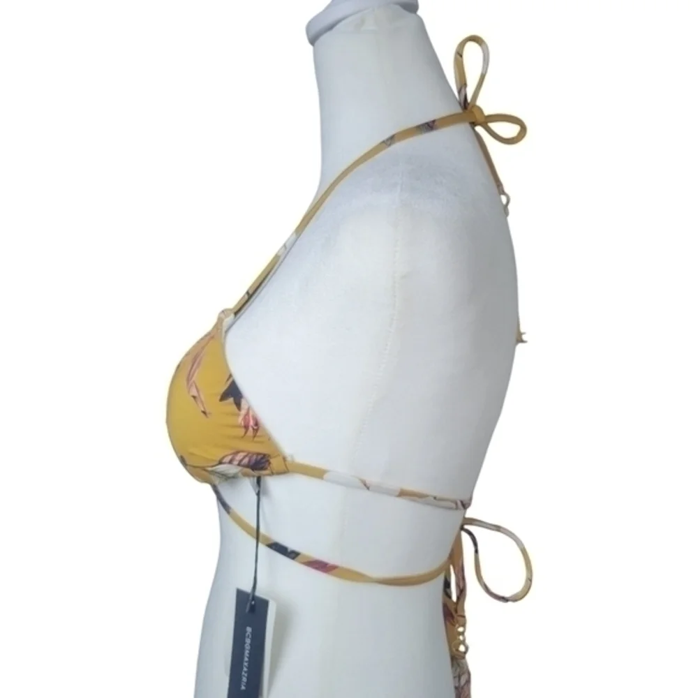 BCBG‎ MAXAZRIA Bikini Bra Top Size 2 Gold Strappy Halter Tri Tie Floral Swimsuit